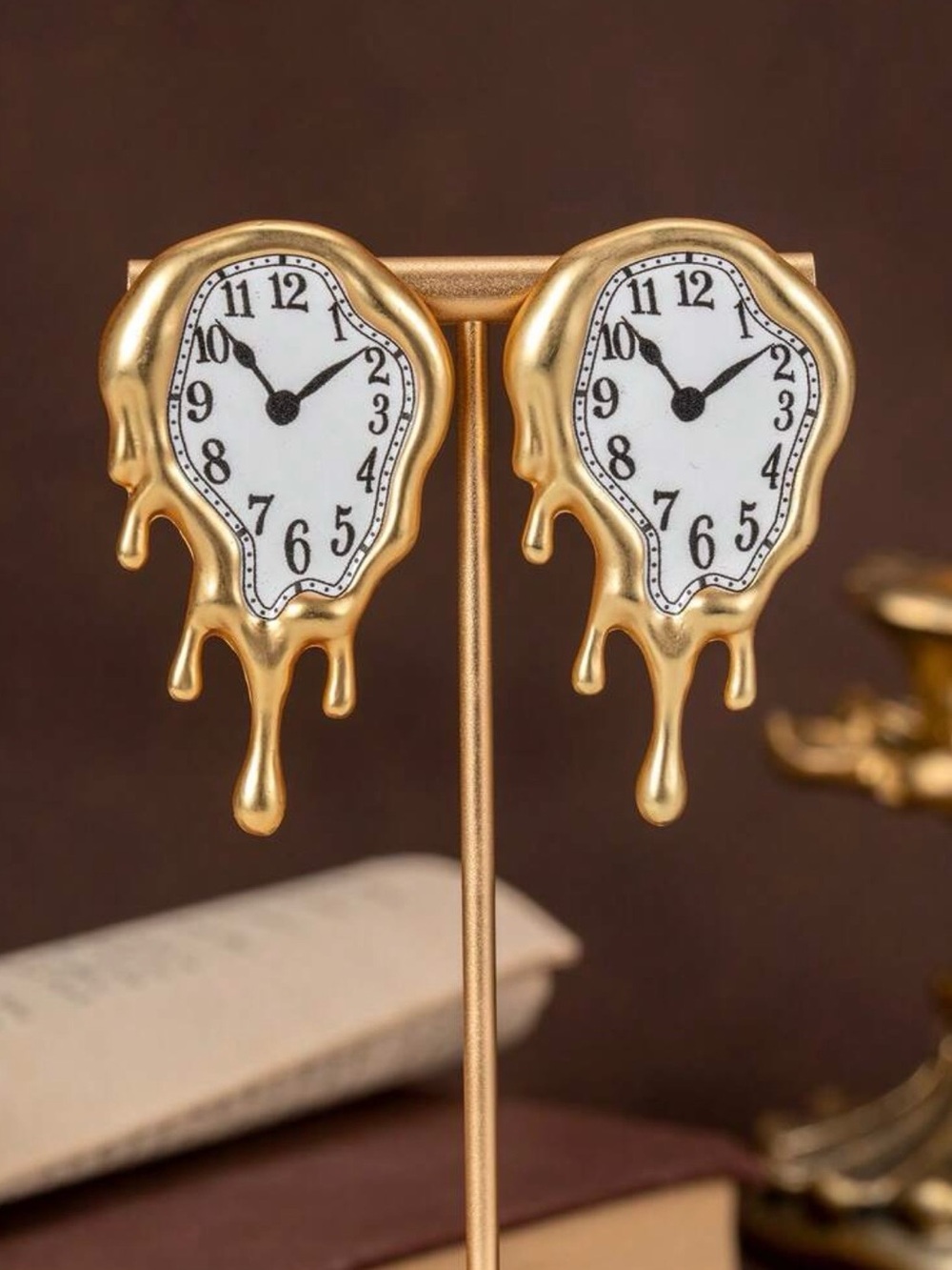 Surreal Gold Melting Clock Stud Earrings - Women's Statement Jewelry
